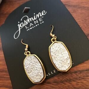 NWT Jasmine Lane Gold Tone Faux Silver Druzy Dangle Earrings new on card